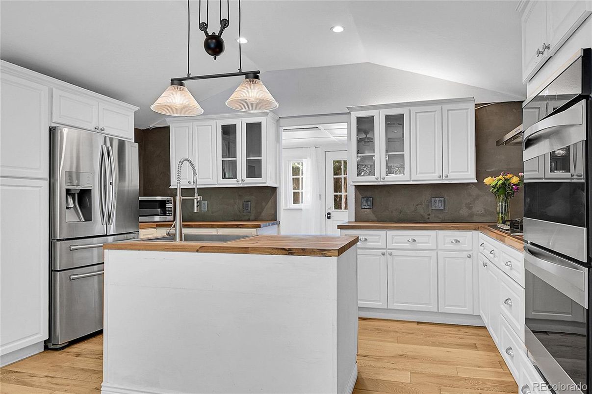 Interior, Kitchen, Pendant Lights, Recessed Lighting, Stainless Steel Appliances, Wood Texture Flooring