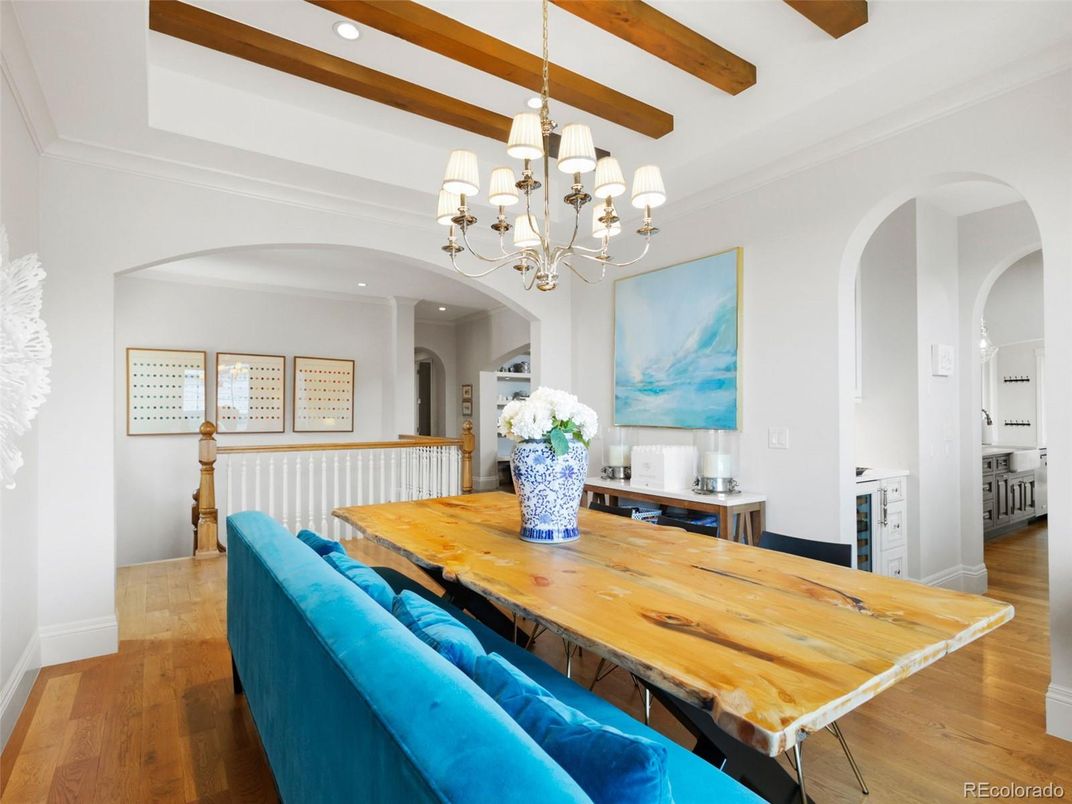 Chandelier, Dining room, Interior, Recessed Lighting, Wooden Beams, Wood Texture Flooring