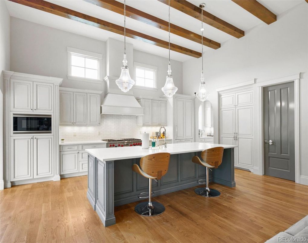 Interior, Kitchen, Pendant Lights, Stainless Steel Appliances, Wooden Beams, Wood Texture Flooring