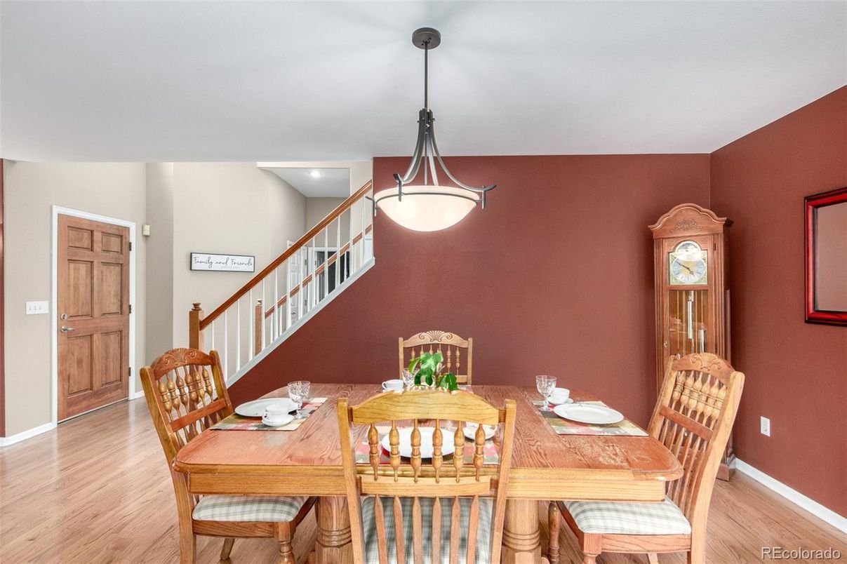 Dining room, Interior, Pendant Lights, Recessed Lighting, Wood Texture Flooring
