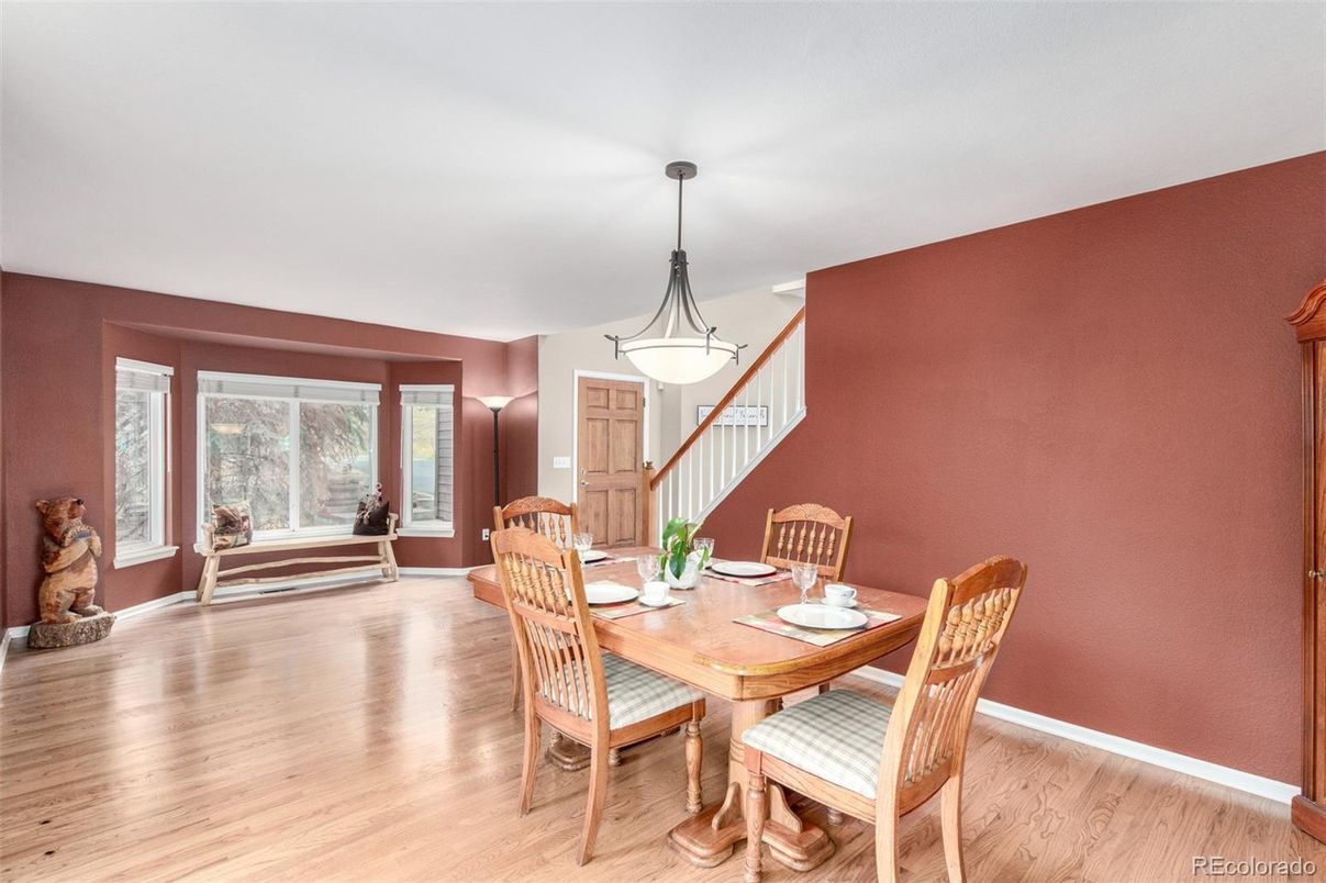 Dining room, Interior, Pendant Lights, Wood Texture Flooring