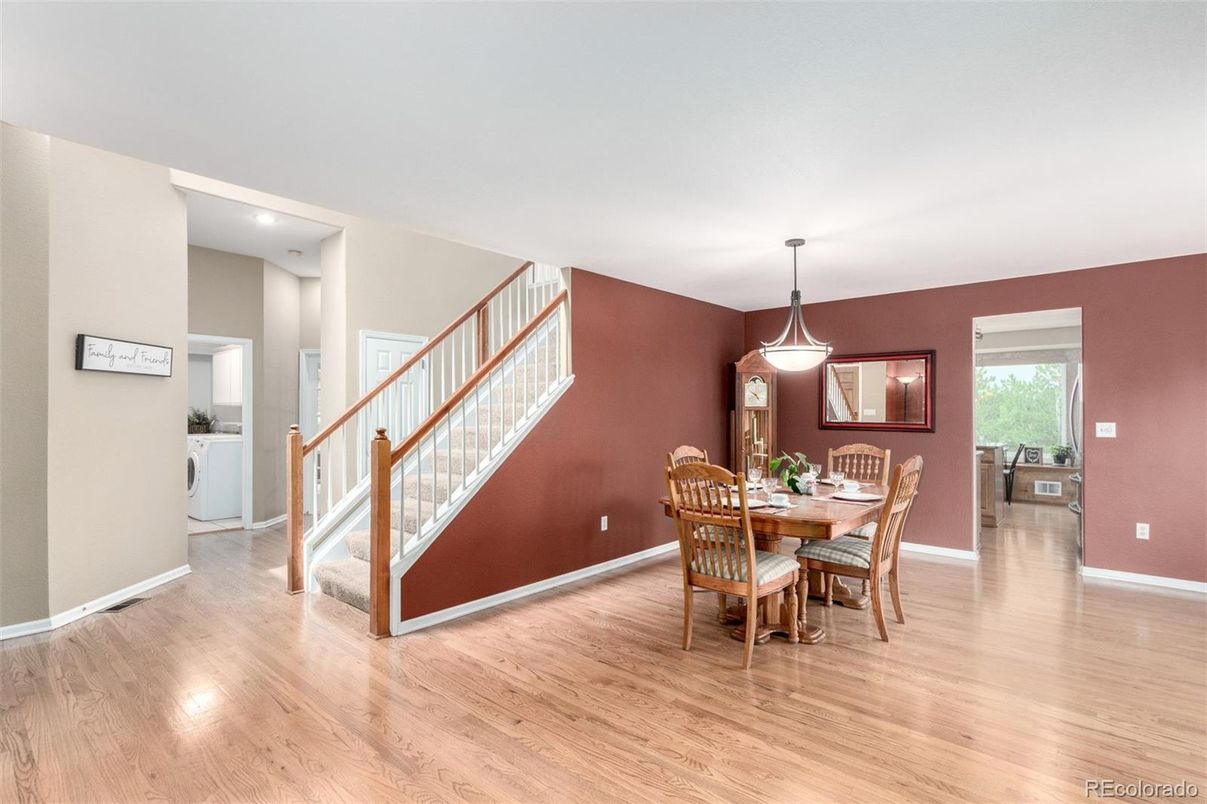 Dining room, Interior, Pendant Lights, Recessed Lighting, Wood Texture Flooring