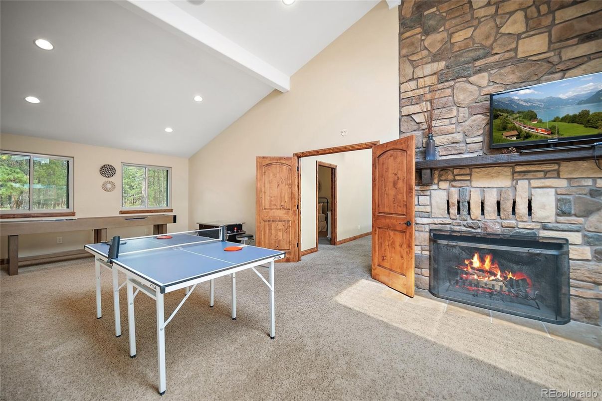 Billiard Table, Fireplace, Game Room, Interior, Recessed Lighting, Stone Walls