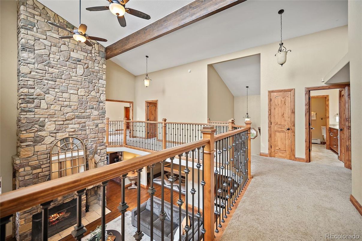 Fireplace, Interior, Pendant Lights, Stone Walls, Wooden Beams