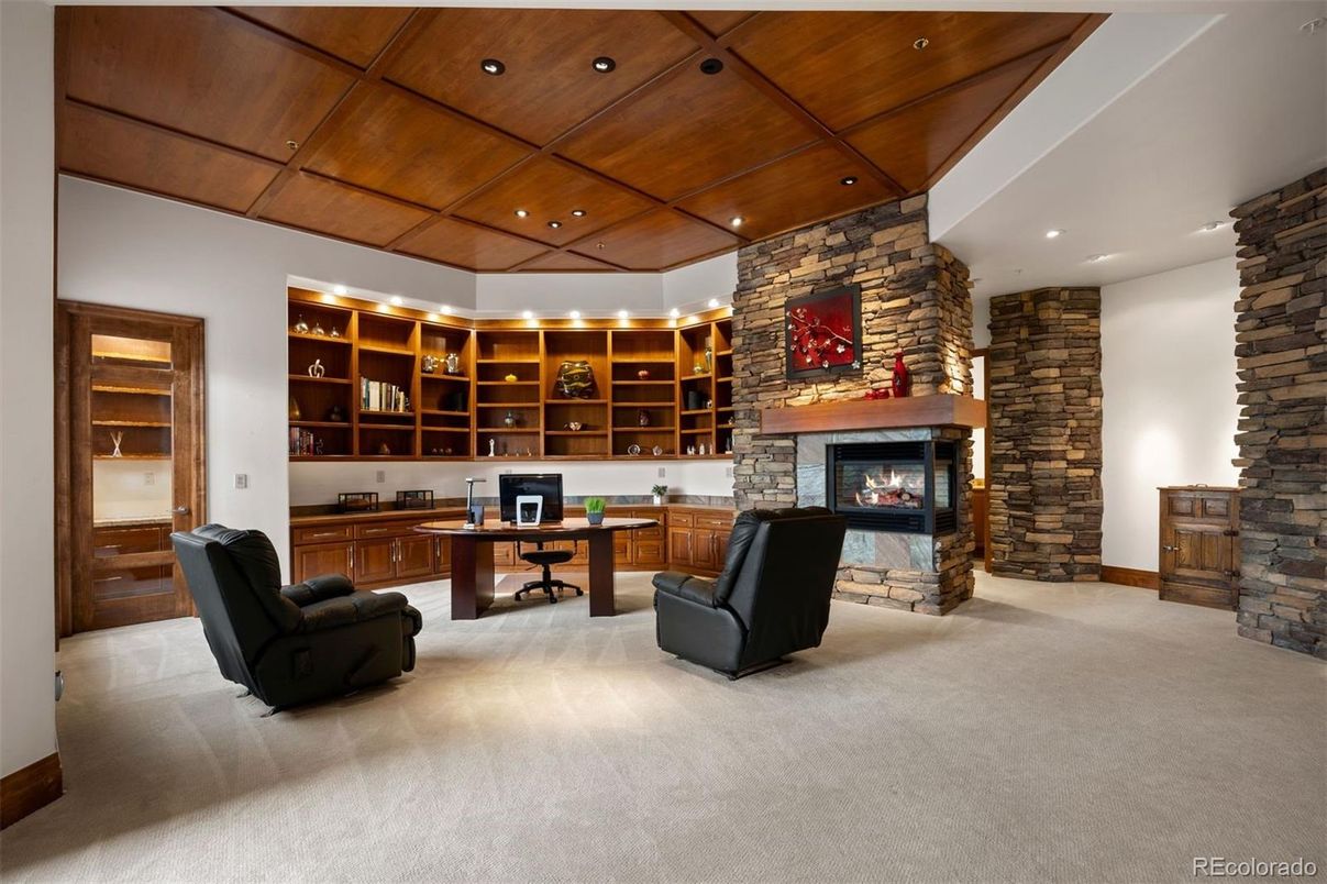 Fireplace, Home Office, Interior, Recessed Lighting, Stone Walls, Wooden Ceilings
