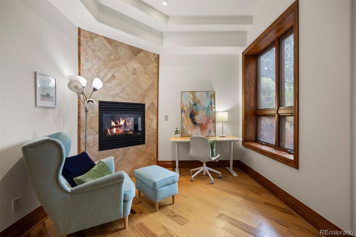 Fireplace, Home Office, Interior, Recessed Lighting, Wood Texture Flooring
