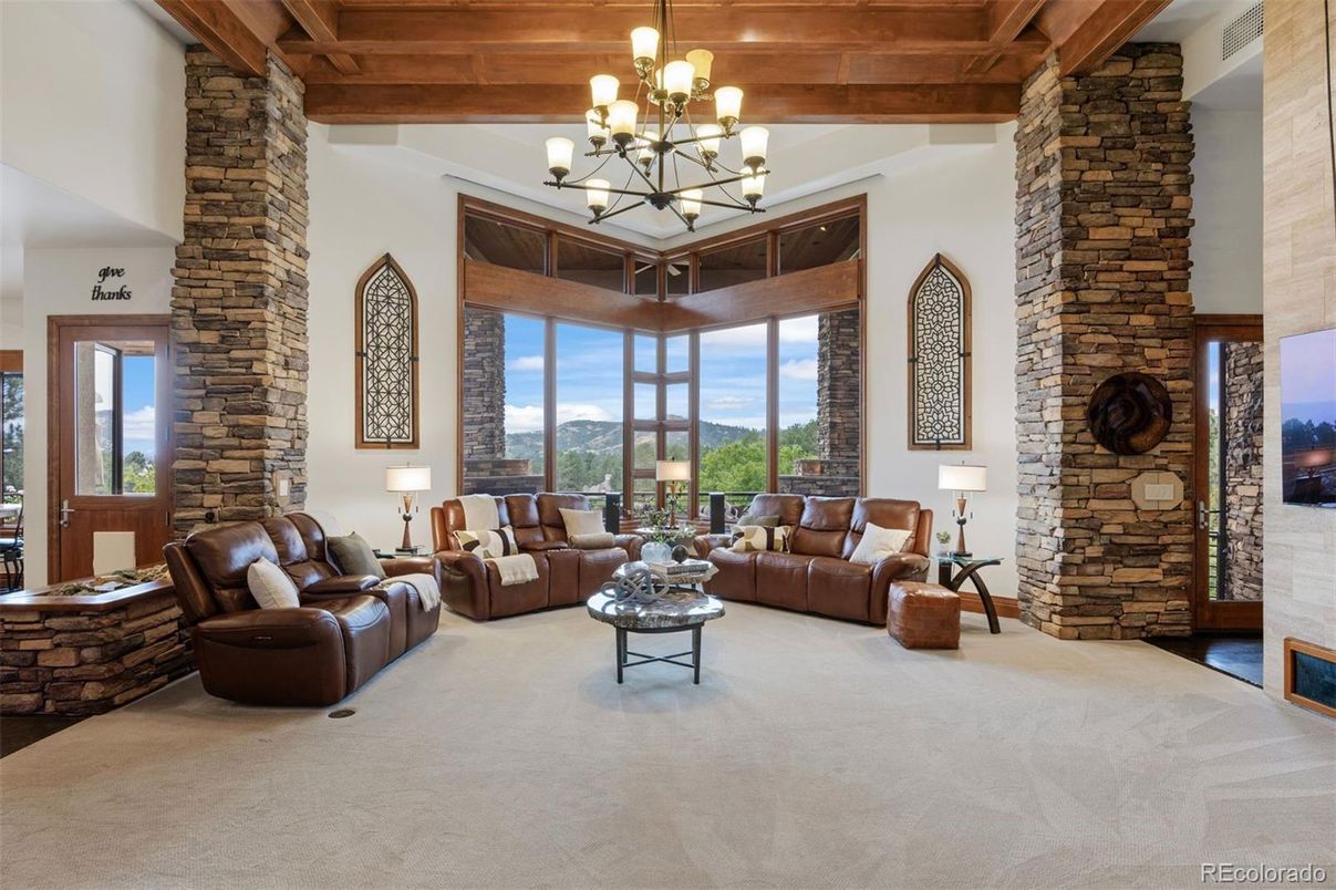 Chandelier, Fireplace, Interior, Living room, Stone Walls, Wooden Beams