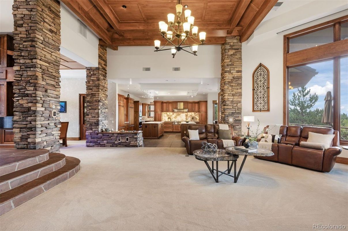 Chandelier, Interior, Kitchen, Living room, Recessed Lighting, Stone Walls, Wooden Beams, Wooden Ceilings