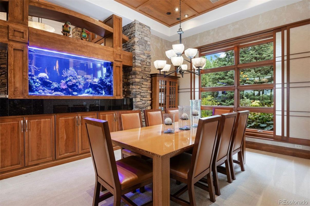 Chandelier, Dining room, Interior, Recessed Lighting, Stone Walls, Wooden Ceilings