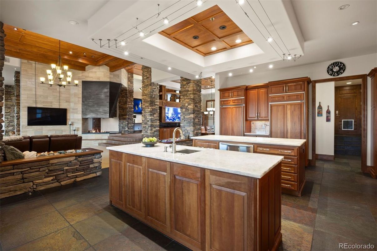 Fireplace, Interior, Kitchen, Living room, Pendant Lights, Recessed Lighting, Stone Walls, Wooden Ceilings