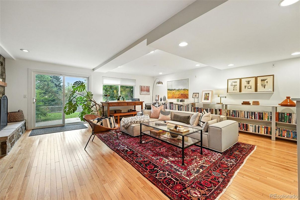 Fireplace, Interior, Living room, Recessed Lighting, Wood Texture Flooring