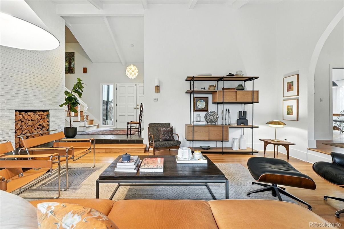 Fireplace, Interior, Living room, Pendant Lights, Stone Walls, Wood Texture Flooring