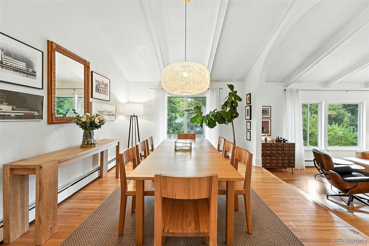 Dining room, Interior, Pendant Lights, Wood Texture Flooring