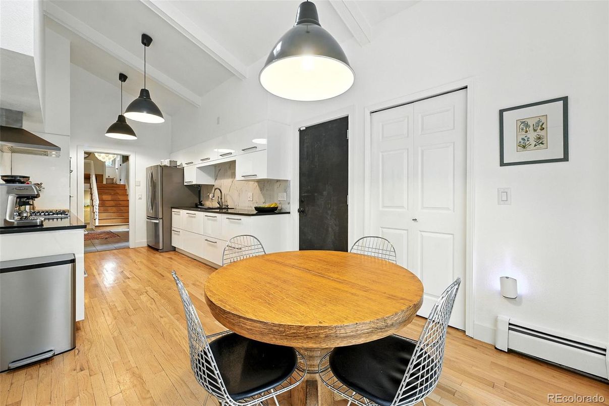 Dining room, Interior, Kitchen, Pendant Lights, Stainless Steel Appliances, Wood Texture Flooring