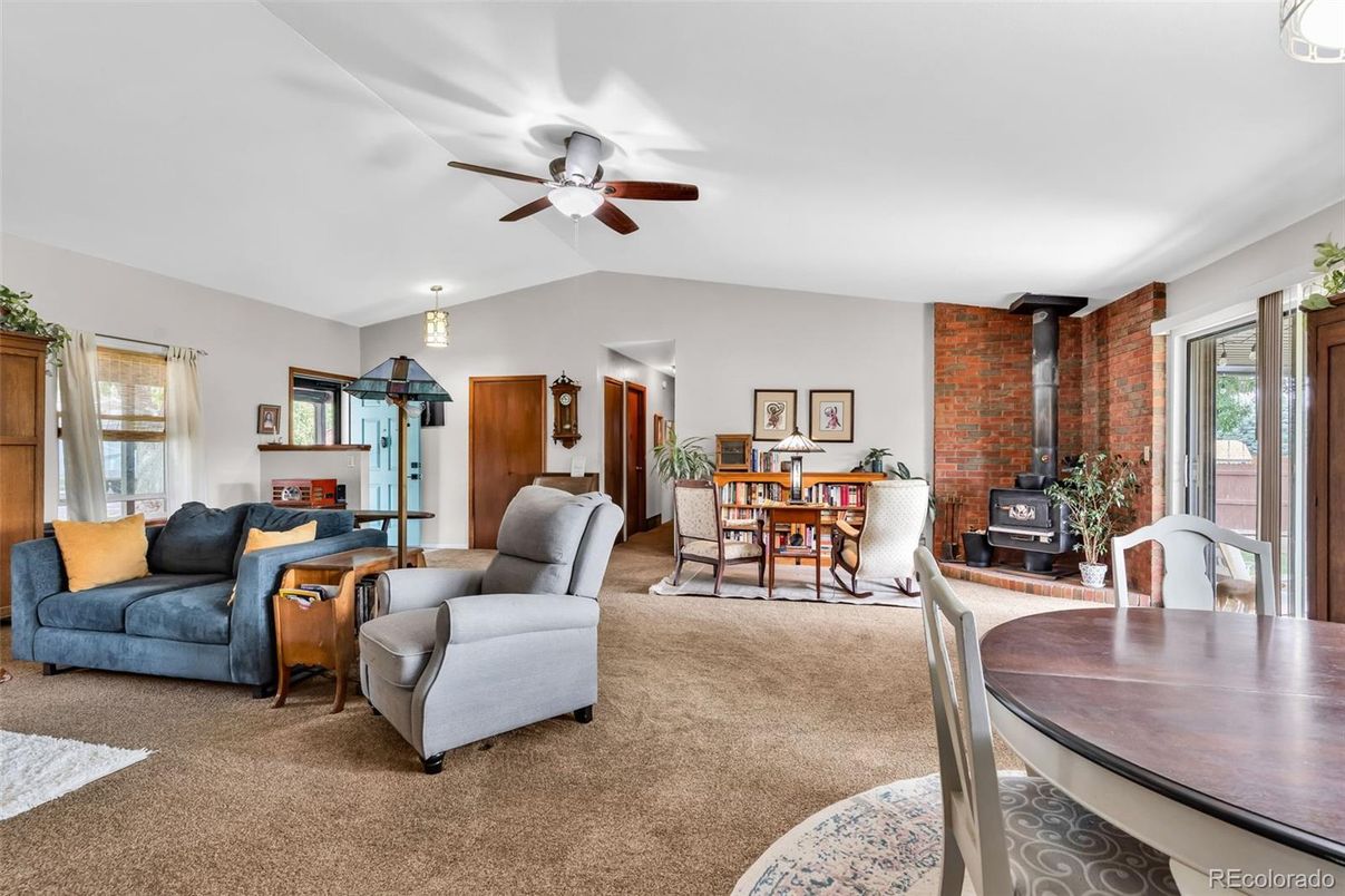 Dining room, Fireplace, Interior, Living room, Stone Walls