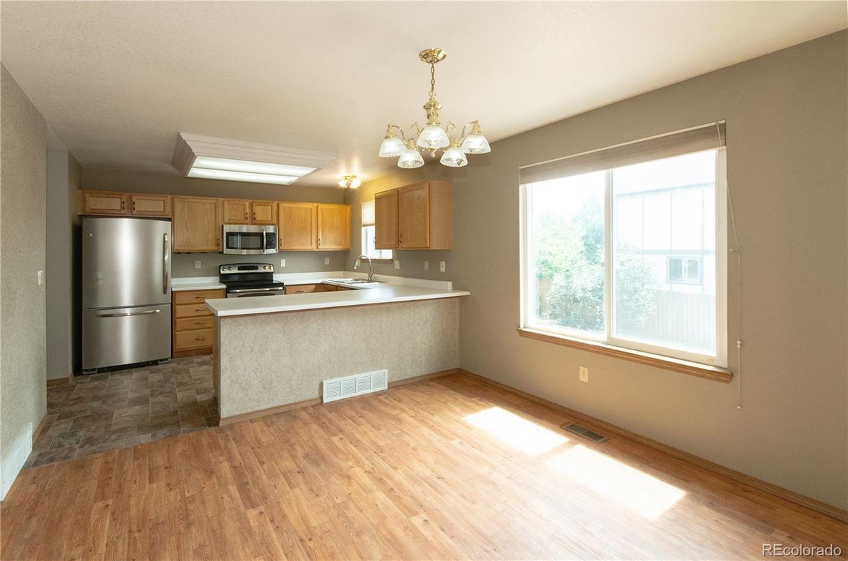 Chandelier, Interior, Kitchen, Stainless Steel Appliances, Wood Texture Flooring