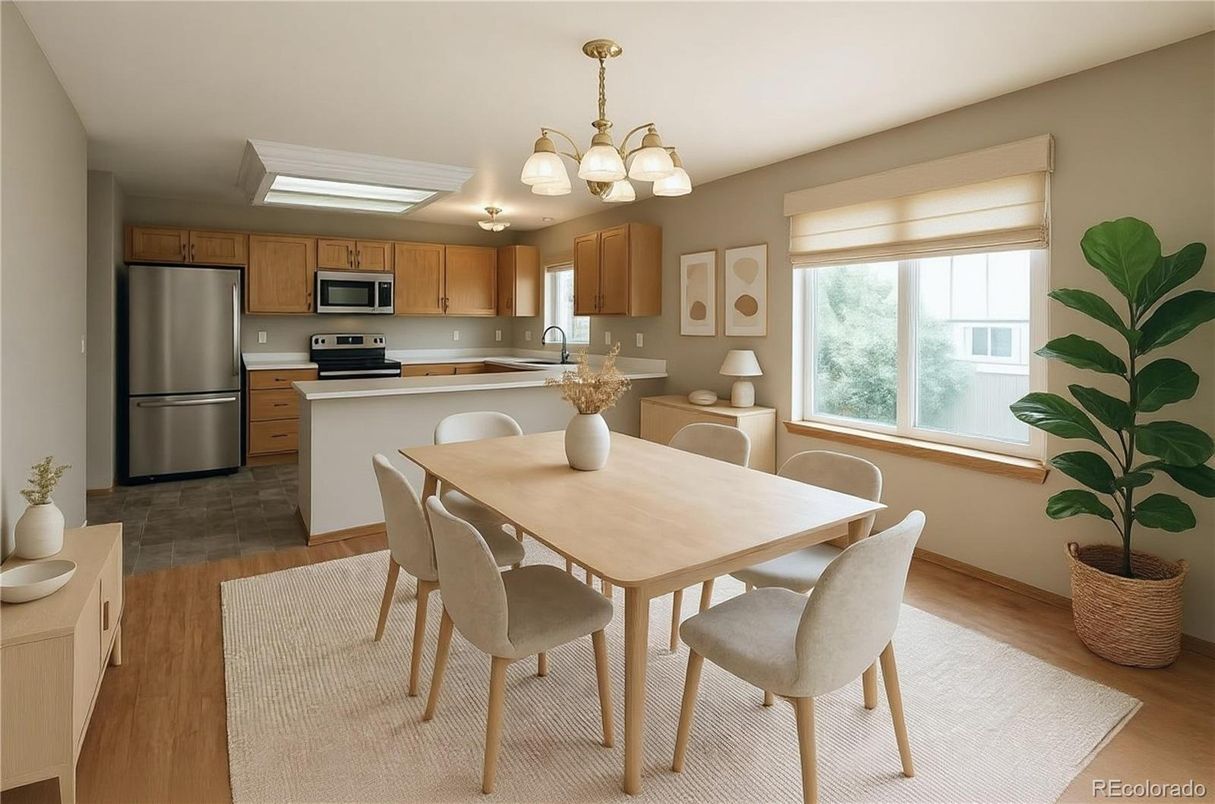 Chandelier, Dining room, Interior, Kitchen, Stainless Steel Appliances, Wood Texture Flooring
