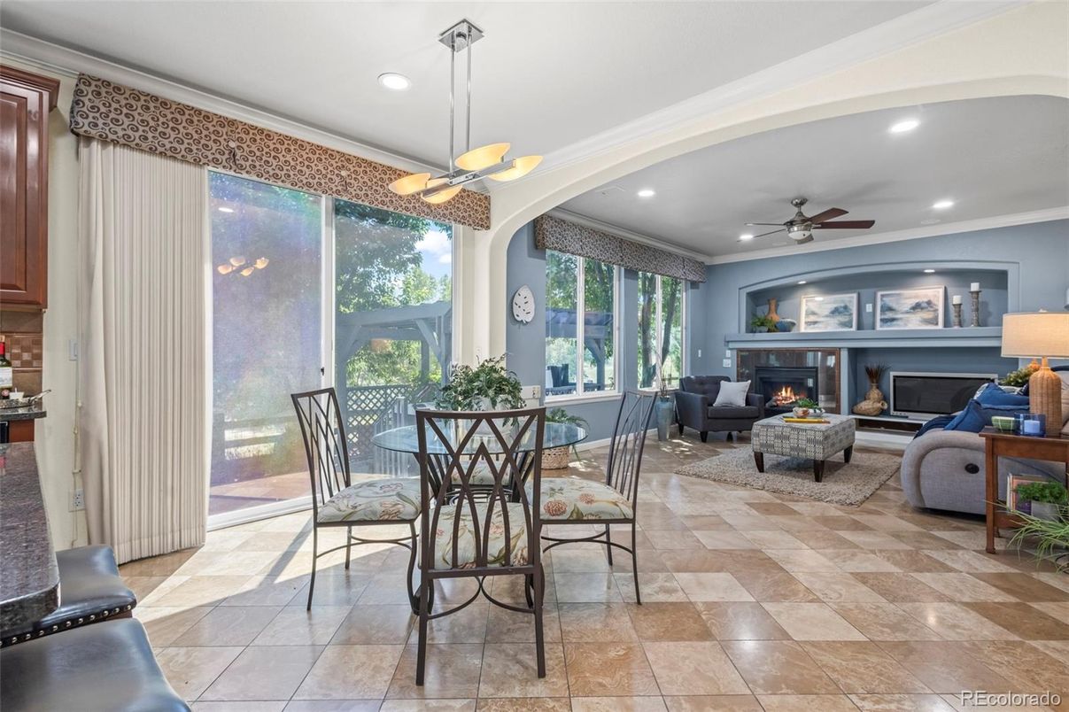 Dining room, Fireplace, Interior, Living room, Recessed Lighting