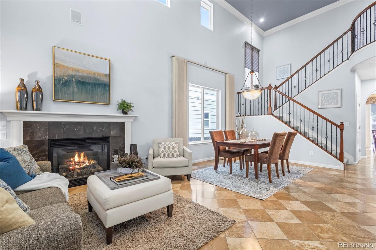 Dining room, Fireplace, Interior, Living room, Pendant Lights, Recessed Lighting