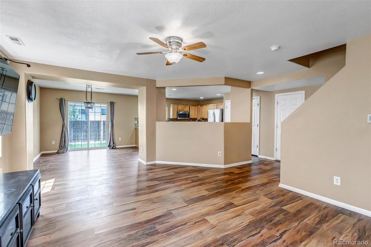 Empty room, Interior, Kitchen, Recessed Lighting, Wood Texture Flooring