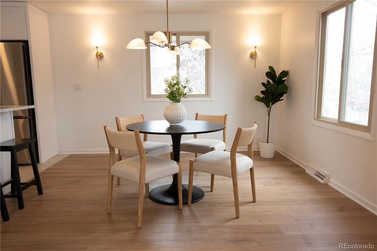 Dining room, Interior, Pendant Lights, Wood Texture Flooring