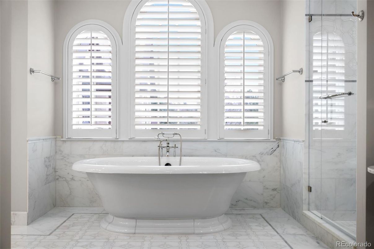 Bathroom, Free Standing Baths, Glass Shower, Interior, Marble, Marble Walls