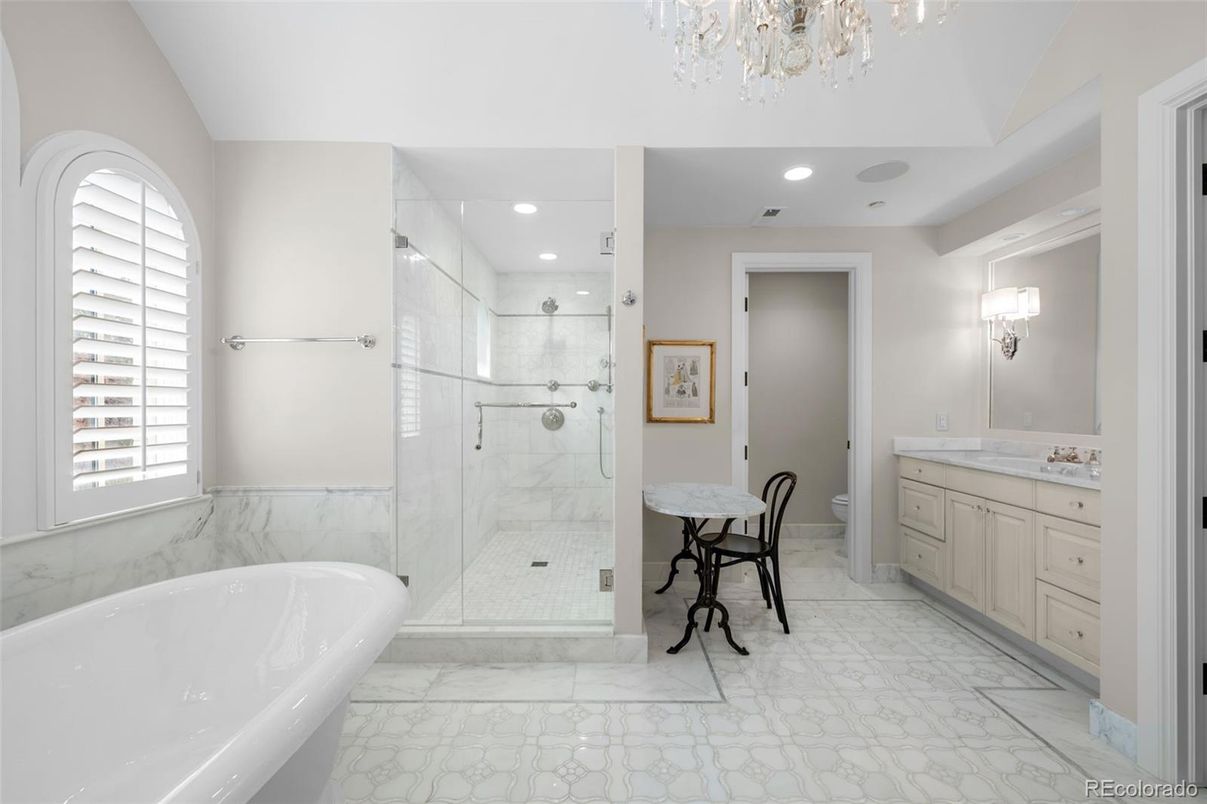 Bathroom, Glass Shower, Interior, Marble, Marble Walls, Recessed Lighting