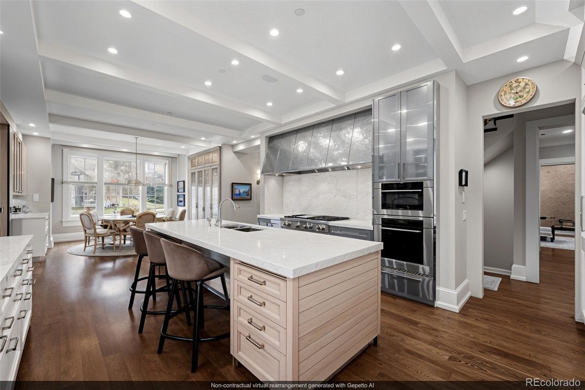 Dining room, Interior, Kitchen, Marble Walls, Recessed Lighting, Stainless Steel Appliances, Wood Texture Flooring