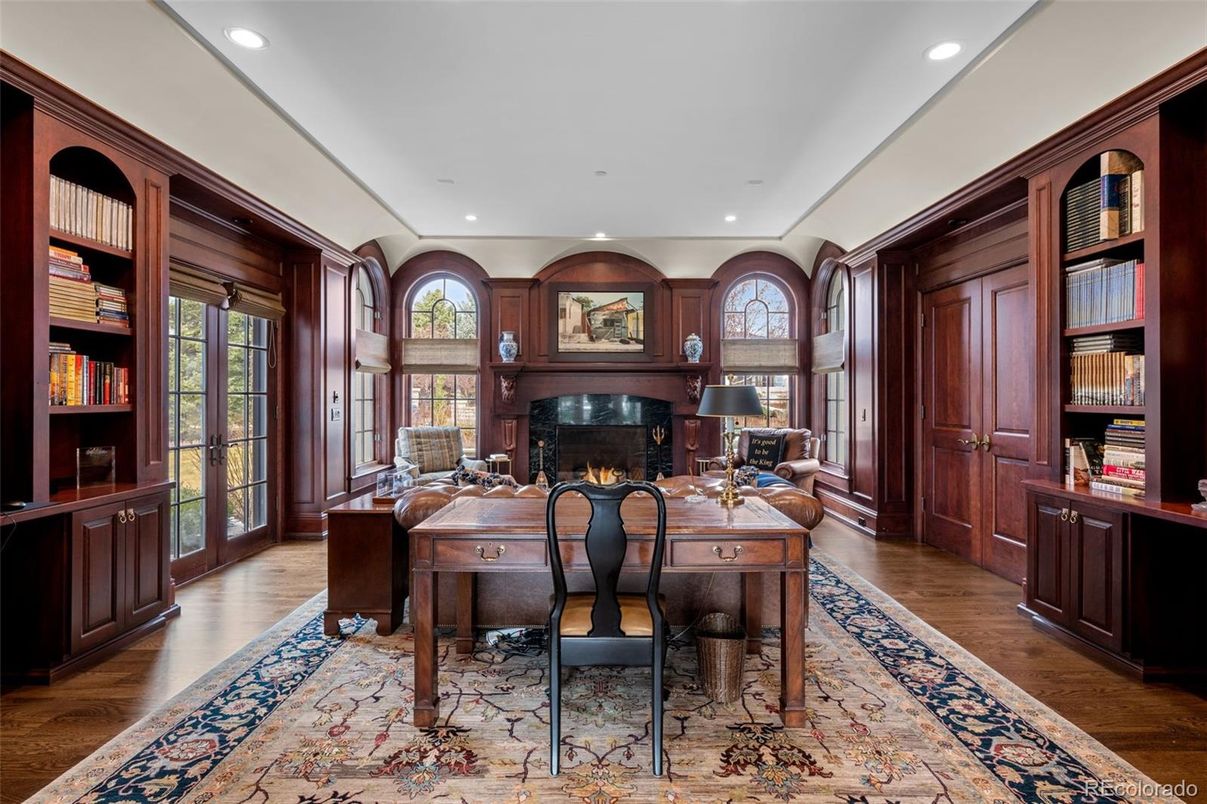Fireplace, Home Office, Interior, Recessed Lighting, Wood Texture Flooring, Wooden Walls