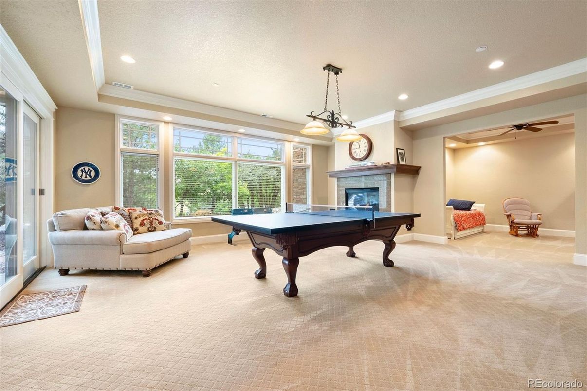 Billiard Table, Fireplace, Game Room, Interior, Pendant Lights, Recessed Lighting