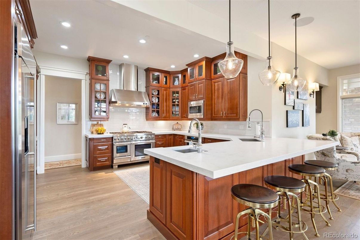 Interior, Kitchen, Pendant Lights, Recessed Lighting, Stainless Steel Appliances, Wood Texture Flooring
