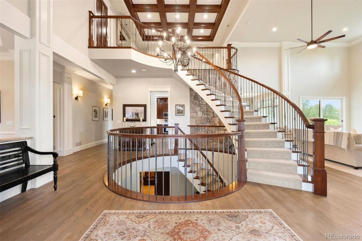 Chandelier, Interior, Recessed Lighting, Wooden Beams, Wood Texture Flooring
