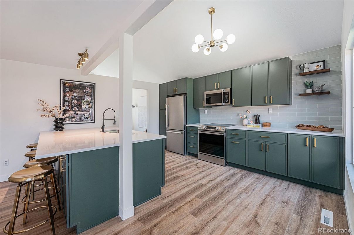 Interior, Kitchen, Pendant Lights, Stainless Steel Appliances, Wood Texture Flooring
