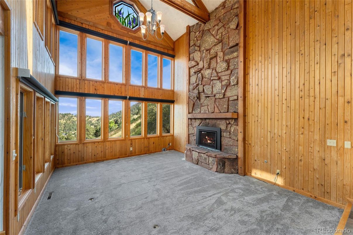 Empty room, Fireplace, Interior, Stone Walls, Wooden Beams, Wooden Ceilings, Wooden Walls