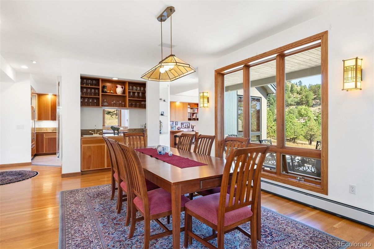 Dining room, Interior, Pendant Lights, Recessed Lighting, Wood Texture Flooring