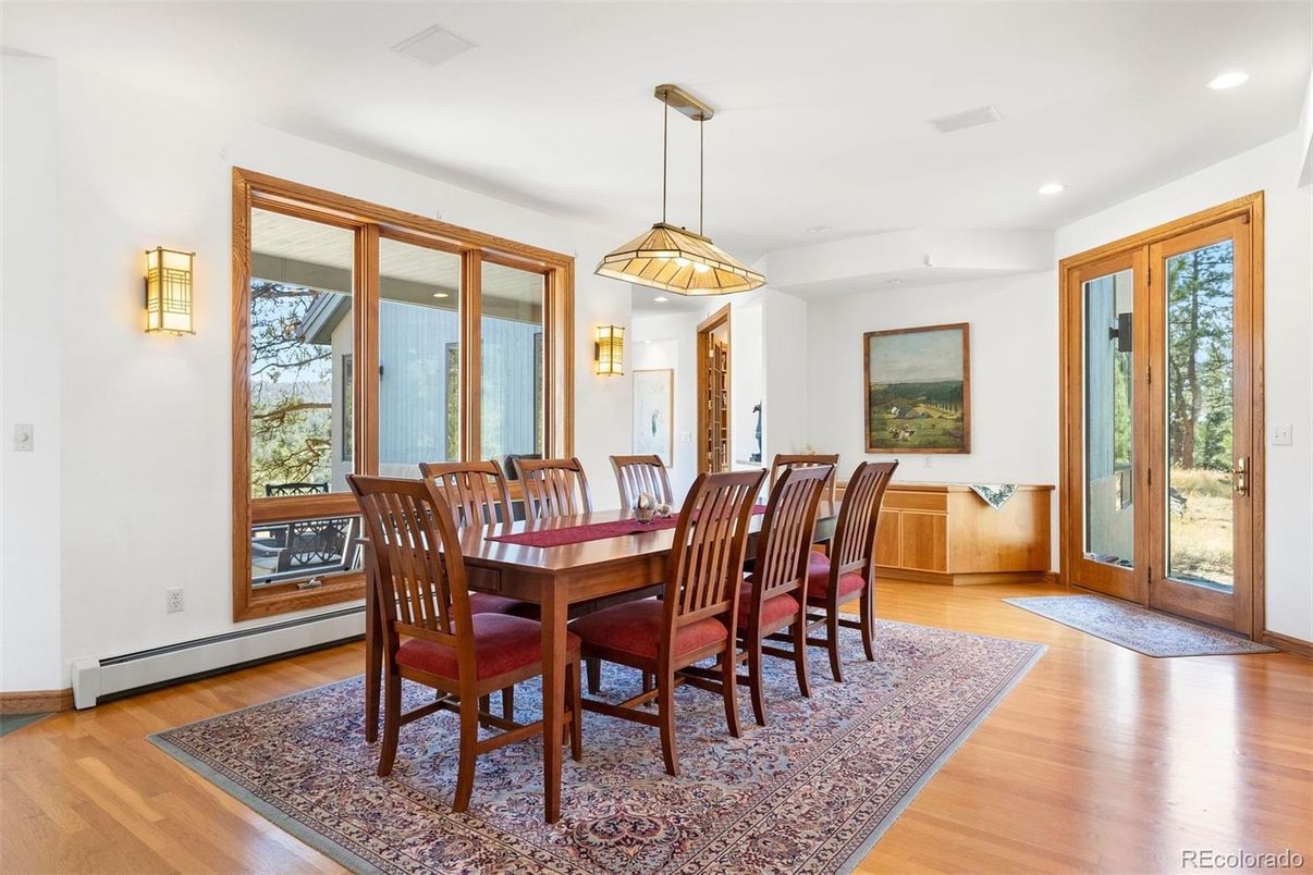 Dining room, Interior, Pendant Lights, Recessed Lighting, Wood Texture Flooring