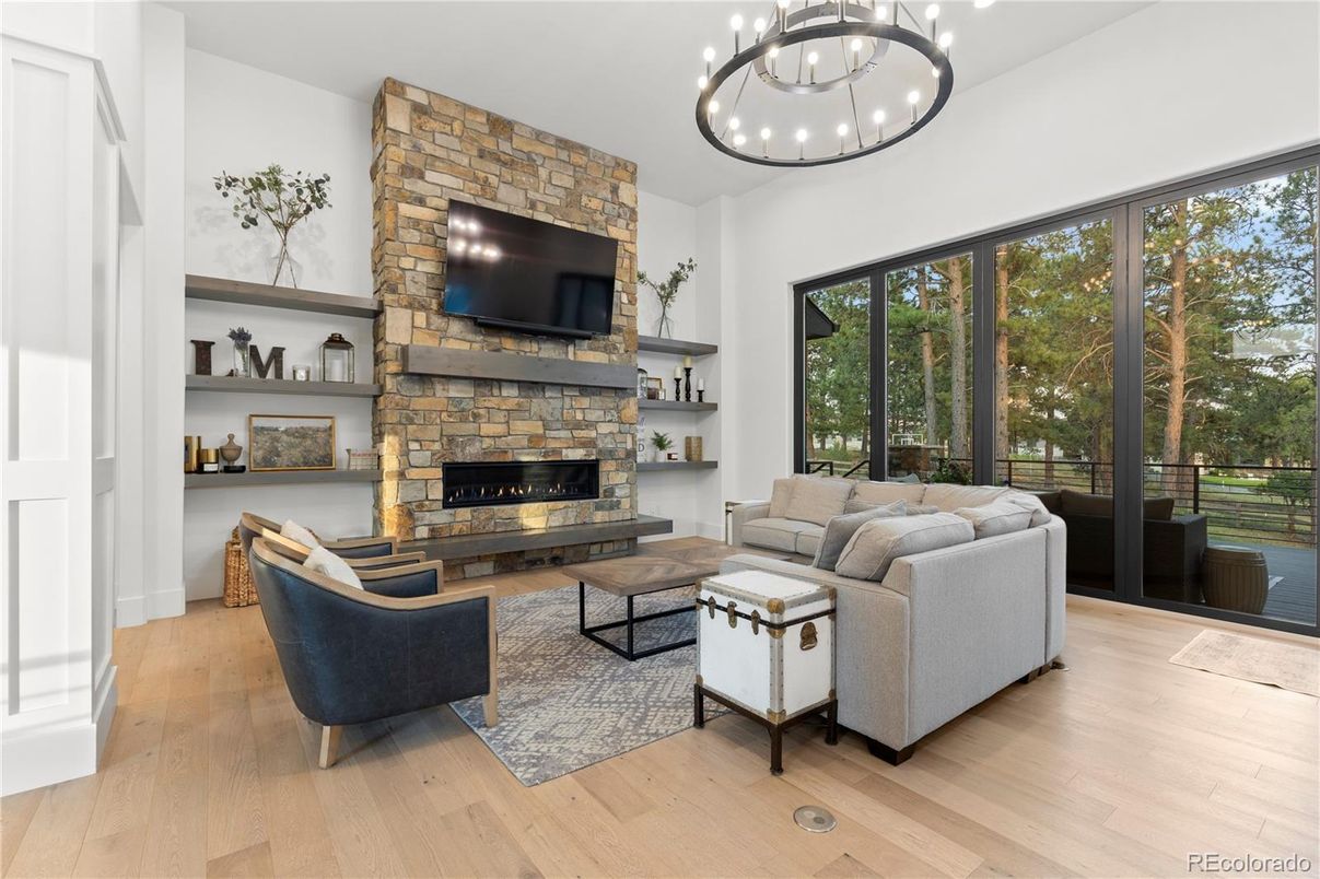Fireplace, Interior, Living room, Pendant Lights, Wood Texture Flooring