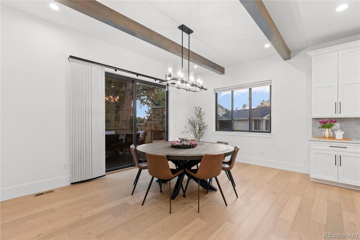 Chandelier, Dining room, Interior, Pendant Lights, Recessed Lighting, Wooden Beams, Wood Texture Flooring