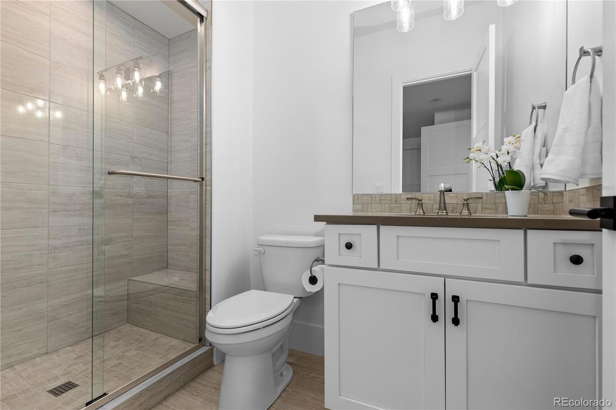 Bathroom, Glass Shower, Interior, Wood Texture Flooring
