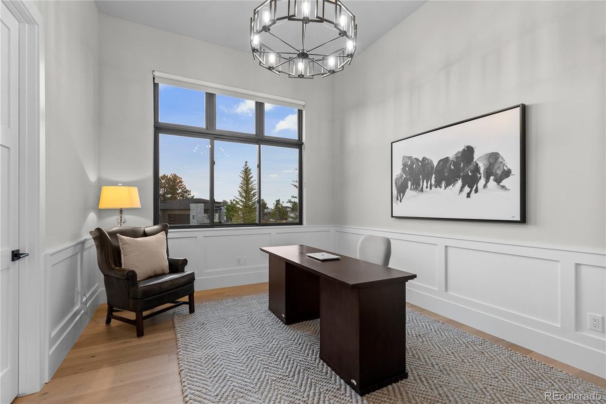 Chandelier, Home Office, Interior, Wood Texture Flooring