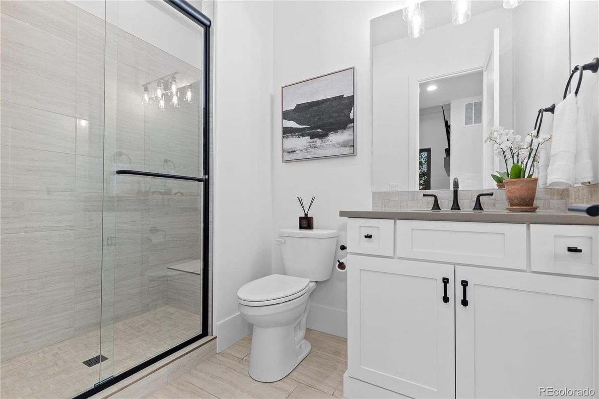 Bathroom, Glass Shower, Interior, Recessed Lighting, Wood Texture Flooring