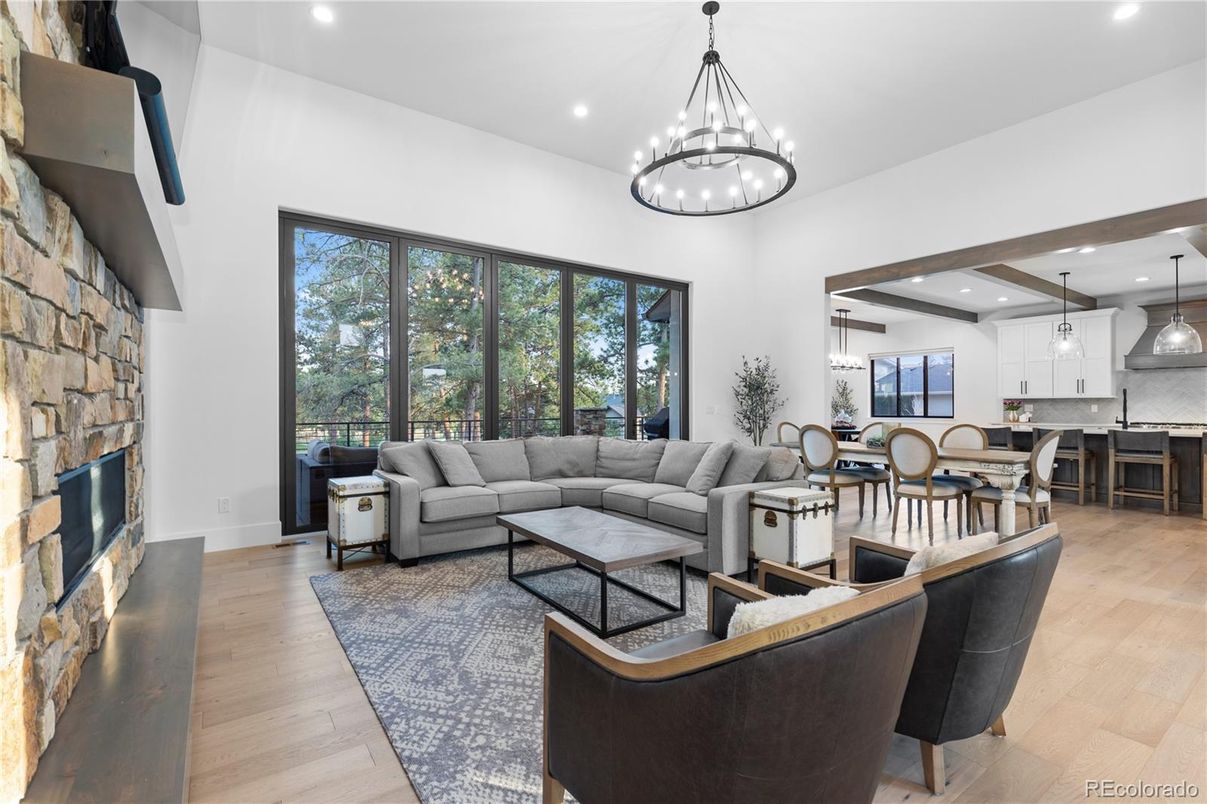 Dining room, Fireplace, Interior, Kitchen, Living room, Pendant Lights, Recessed Lighting, Wood Texture Flooring