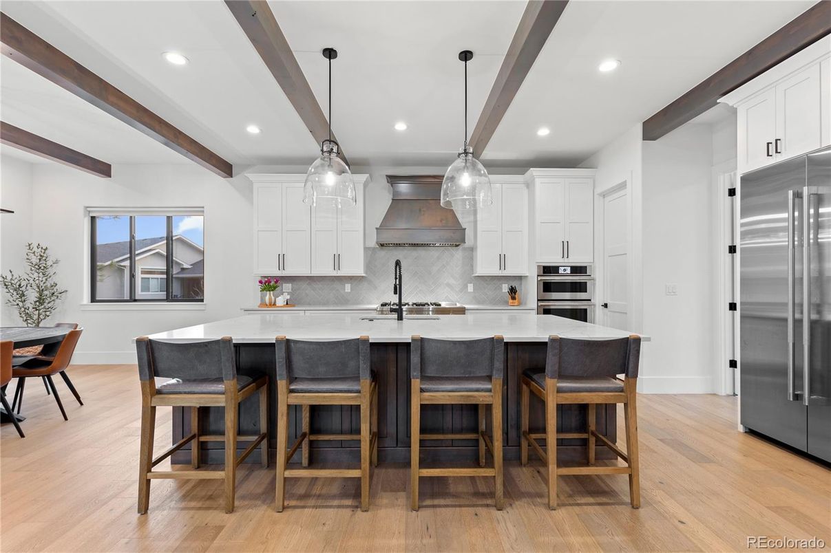 Interior, Kitchen, Pendant Lights, Recessed Lighting, Stainless Steel Appliances, Wooden Beams, Wood Texture Flooring