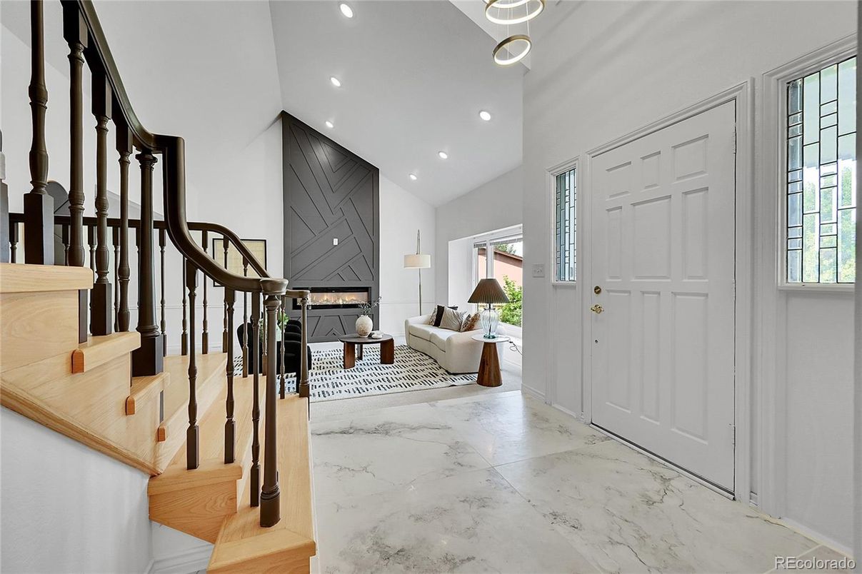 Fireplace, Interior, Living room, Marble, Recessed Lighting
