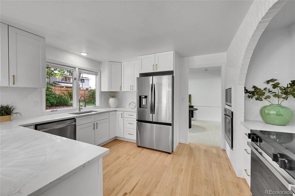 Interior, Kitchen, Recessed Lighting, Stainless Steel Appliances, Wood Texture Flooring
