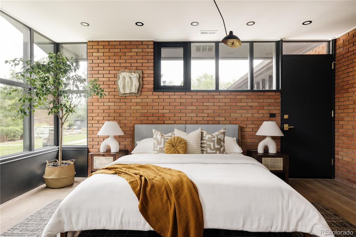 Bedroom, Interior, Recessed Lighting, Stone Walls, Wood Texture Flooring