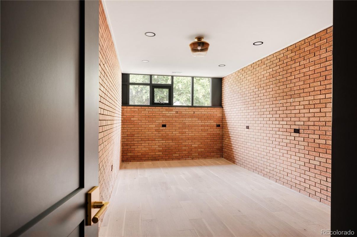 Empty room, Interior, Recessed Lighting, Stone Walls, Wood Texture Flooring
