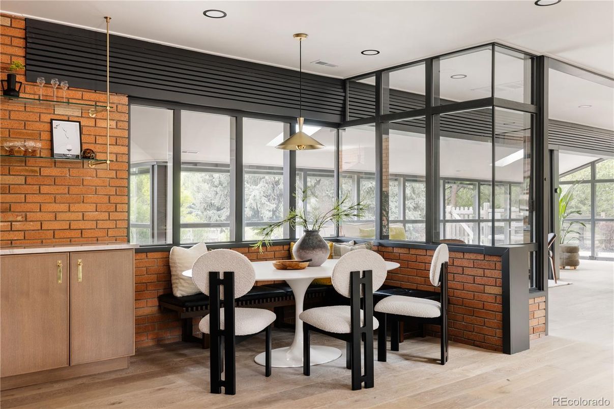 Dining room, Interior, Pendant Lights, Recessed Lighting, Stone Walls, Wood Texture Flooring