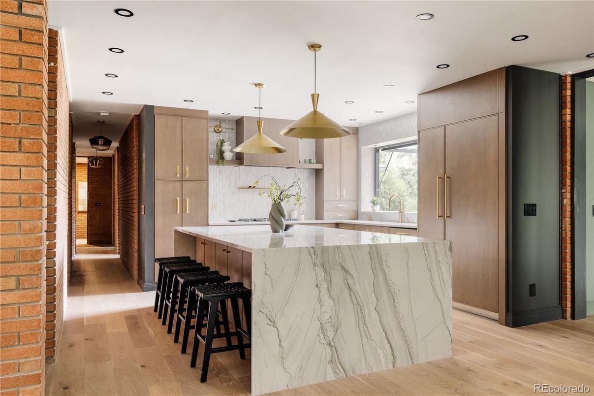 Interior, Kitchen, Pendant Lights, Recessed Lighting, Stainless Steel Appliances, Stone Walls, Wood Texture Flooring