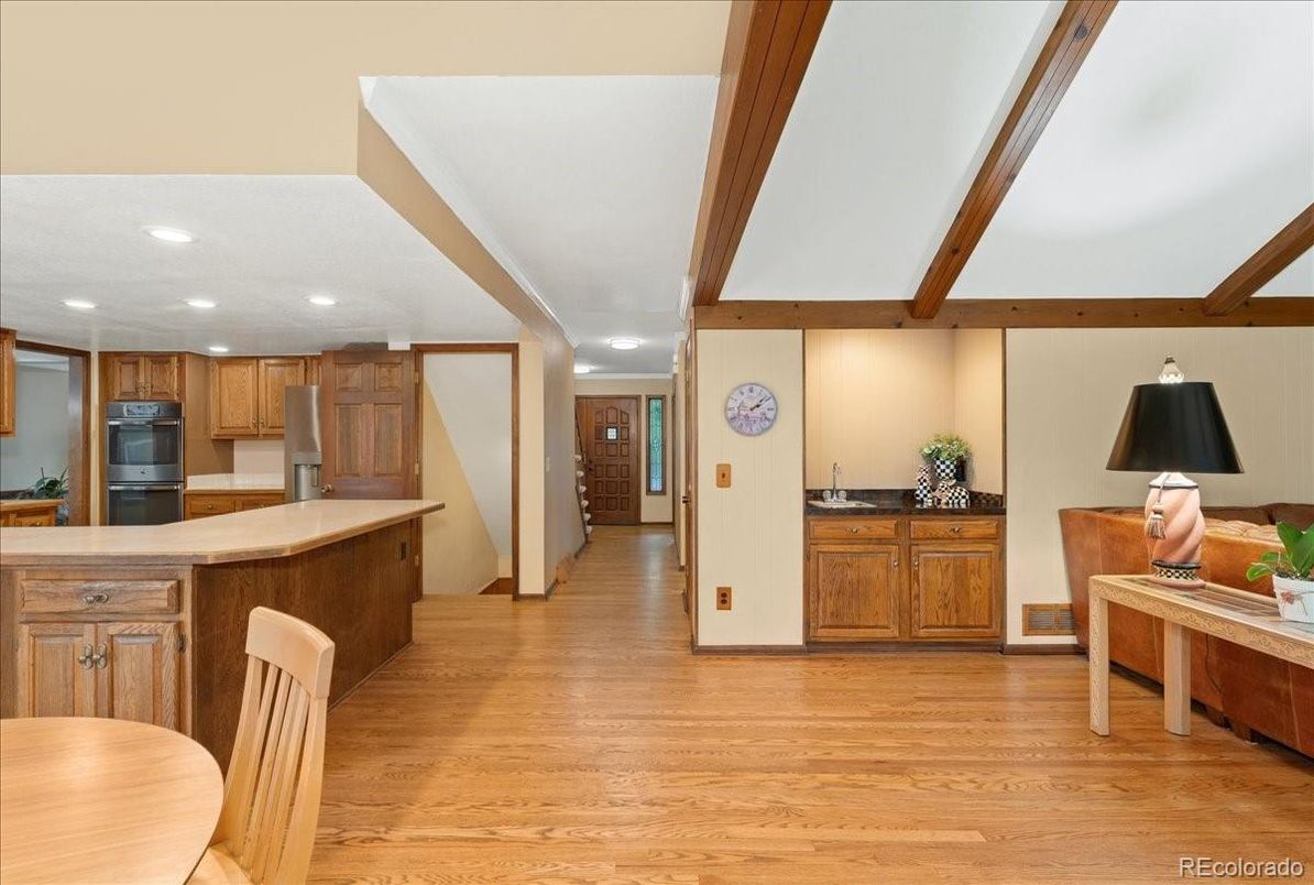 Interior, Kitchen, Recessed Lighting, Wooden Beams, Wood Texture Flooring